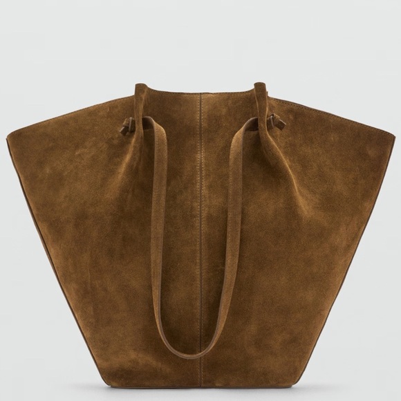👒 MANGO 👒 SUEDE LEATHER SHOPPER BAG TOBACCO BROWN - Picture 3 of 12